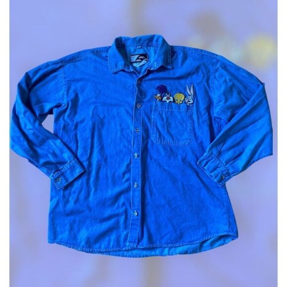 Vintage 1992 Looney Tunes Top Line USA Large Light Denim Button Up Shirt Y2K 90s - Picture 1 of 4